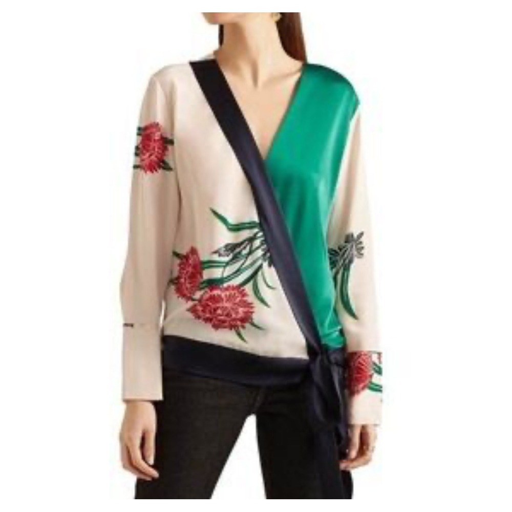 FINAL CLEARANCE Diane von Furstenberg 100% Silk wrap kimono top tie waist Size S